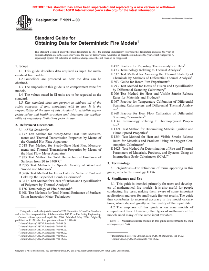 ASTM E1591-00 - Standard Guide for Obtaining Data for Deterministic Fire Models