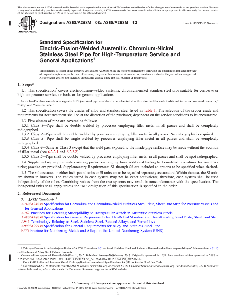 REDLINE ASTM A358/A358M-12 - Standard Specification for Electric-Fusion-Welded Austenitic Chromium-Nickel Stainless Steel Pipe for High-Temperature Service and General Applications