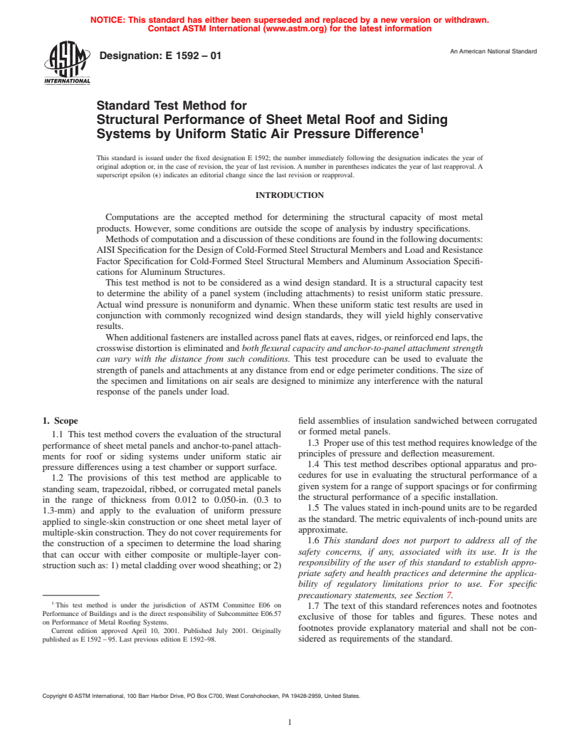 ASTM E1592-01 - Standard Test Method for Structural Performance of Sheet Metal Roof and Siding Systems by Uniform Static Air Pressure Difference