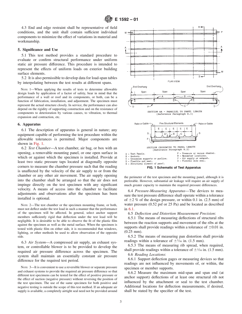 ASTM E1592-01 - Standard Test Method for Structural Performance of Sheet Metal Roof and Siding Systems by Uniform Static Air Pressure Difference