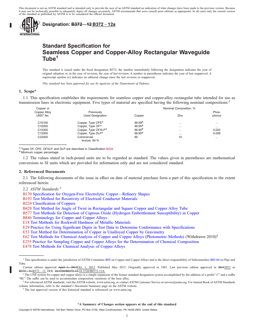 REDLINE ASTM B372-12a - Standard Specification for  Seamless Copper and Copper-Alloy Rectangular Waveguide Tube