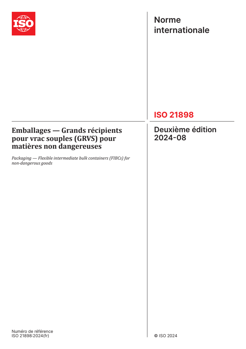 ISO 21898:2024 - Emballages — Grands récipients pour vrac souples (GRVS) pour matières non dangereuses
Released:16. 08. 2024