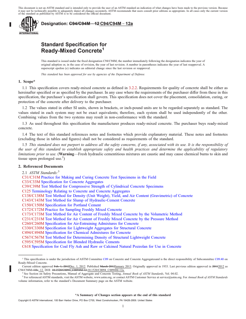 REDLINE ASTM C94/C94M-12a - Standard Specification for Ready-Mixed Concrete