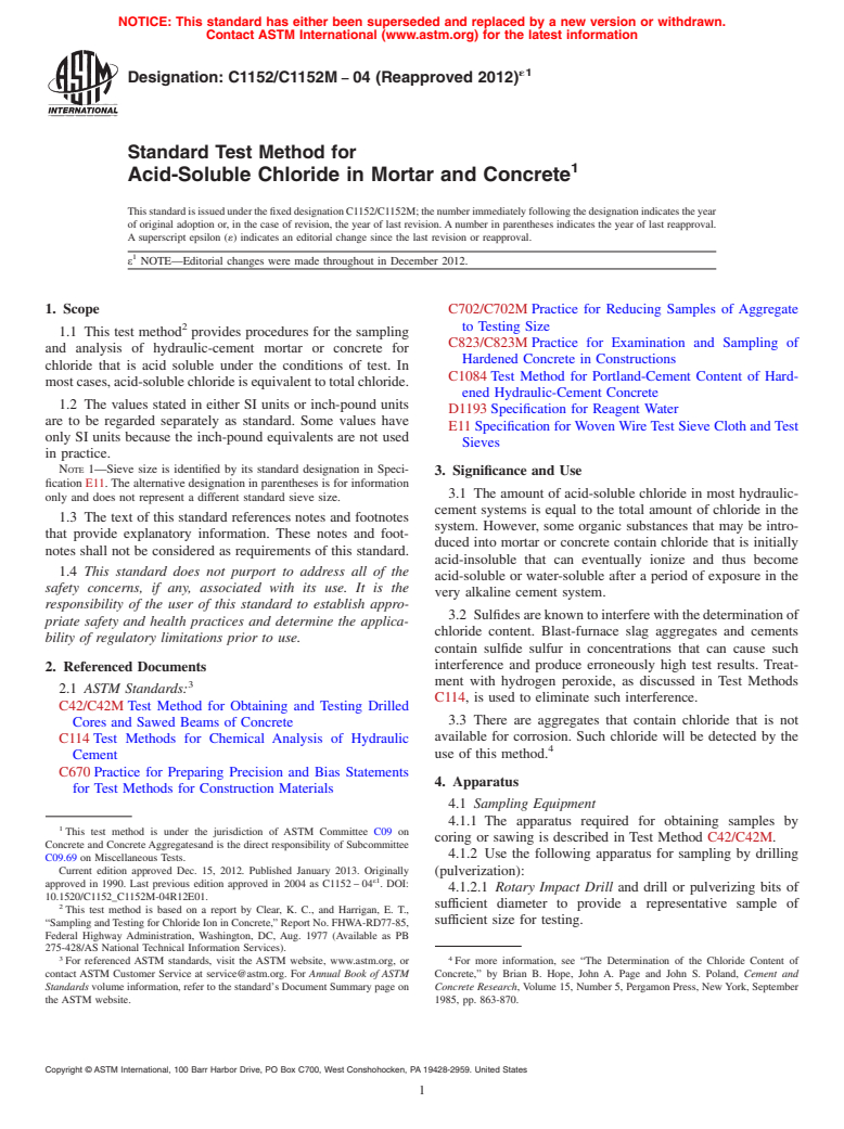 ASTM C1152/C1152M-04(2012)e1 - Standard Test Method for Acid-Soluble Chloride in Mortar and Concrete