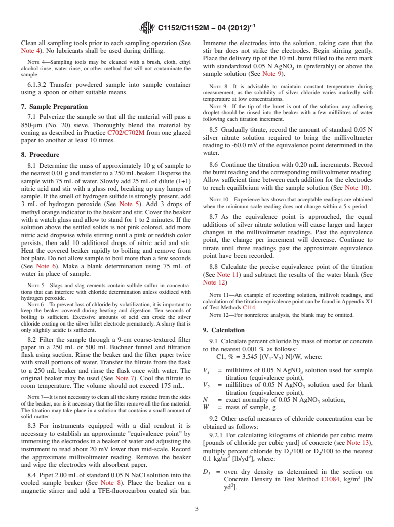 ASTM C1152/C1152M-04(2012)e1 - Standard Test Method for Acid-Soluble Chloride in Mortar and Concrete