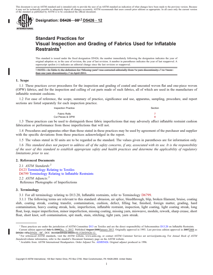 REDLINE ASTM D5426-12 - Standard Practices for  Visual Inspection and Grading of Fabrics Used for Inflatable  Restraints