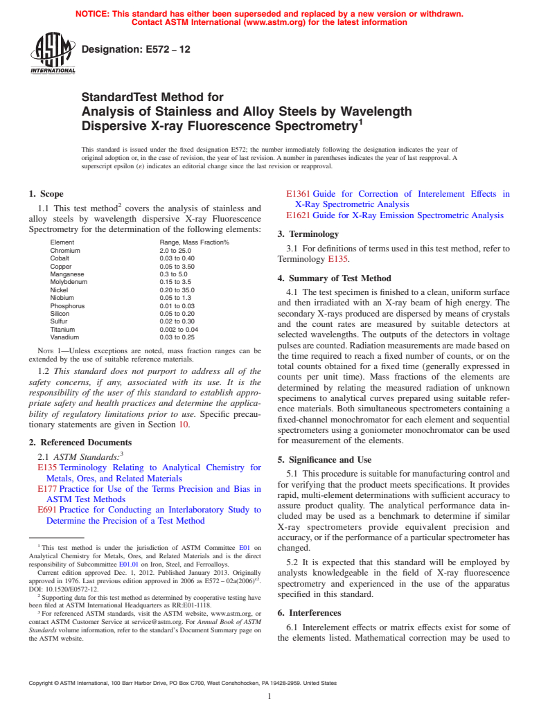 ASTM E572-12 - Standard Test Method for Analysis of Stainless and Alloy Steels by Wavelength Dispersive X-ray Fluorescence Spectrometry