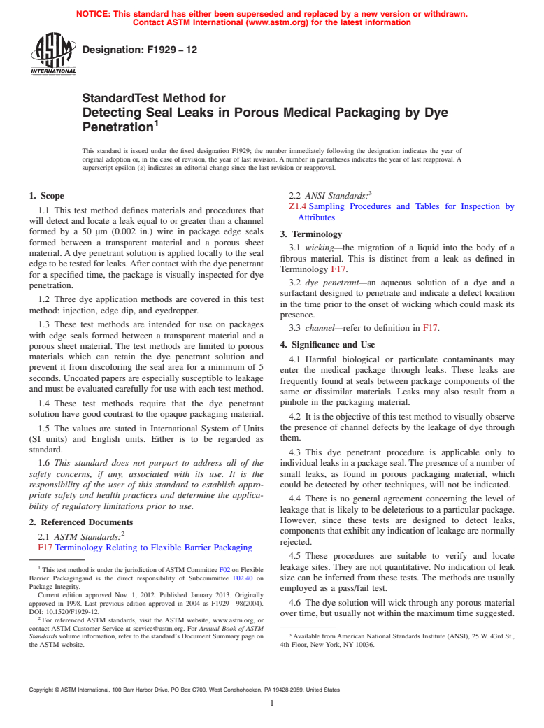 ASTM F1929-12 - Standard Test Method for Detecting Seal Leaks in Porous Medical Packaging by Dye Penetration
