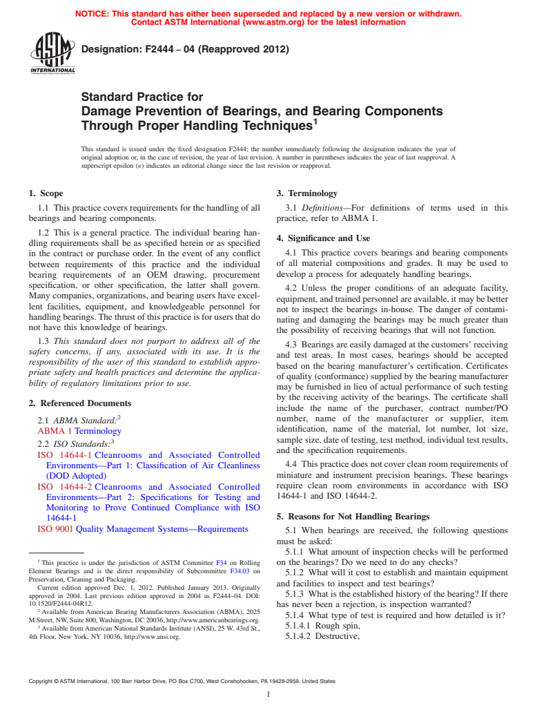 ASTM F2444-04(2012) - Standard Practice for Damage Prevention of Bearings, and Bearing Components Through Proper Handling Techniques