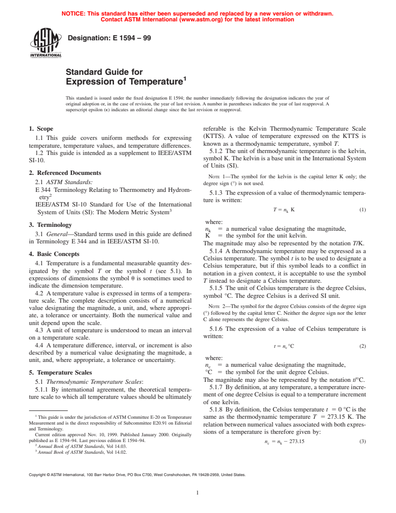 ASTM E1594-99 - Standard Guide for Expression of Temperature