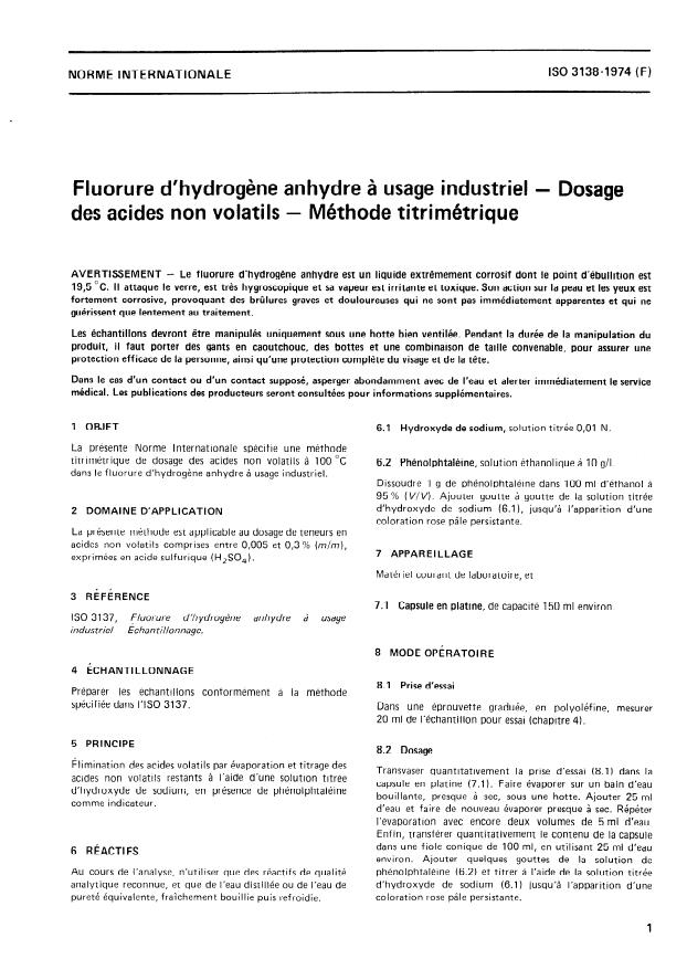 ISO 3138:1974 - Fluorure d'hydrogene anhydre a usage industriel -- Dosage des acides non volatils -- Méthode titrimétrique