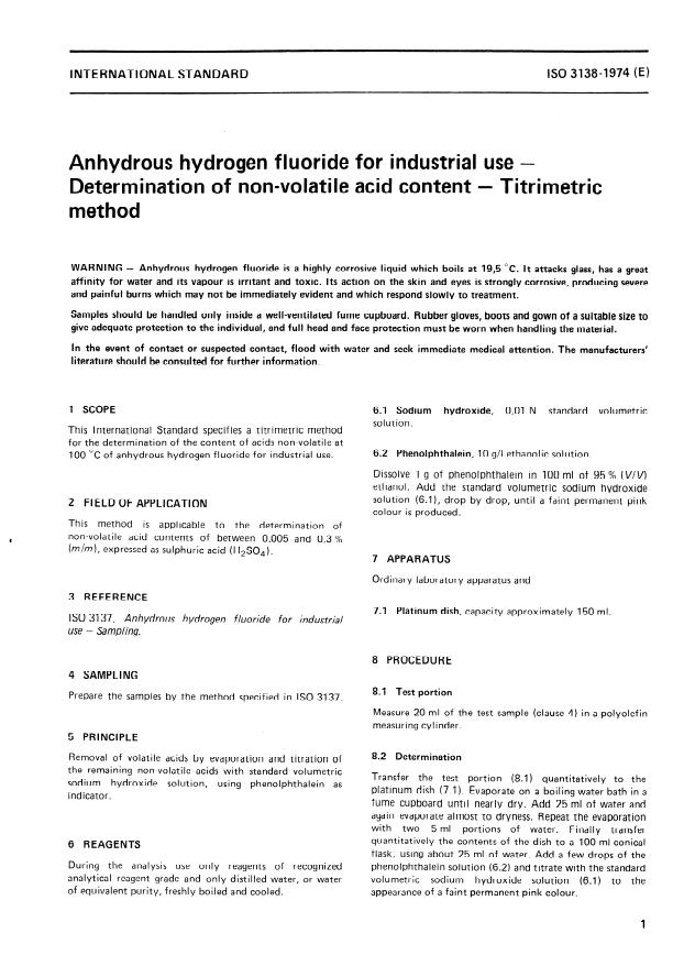 ISO 3138:1974 - Anhydrous hydrogen fluoride for industrial use -- Determination of non-volatile acid content -- Titrimetric method