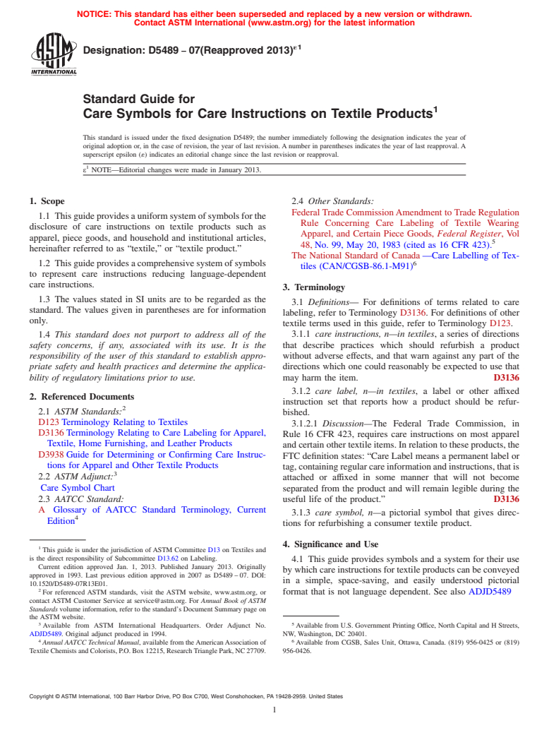 ASTM D5489-07(2013)e1 - Standard Guide for Care Symbols for Care Instructions on Textile Products