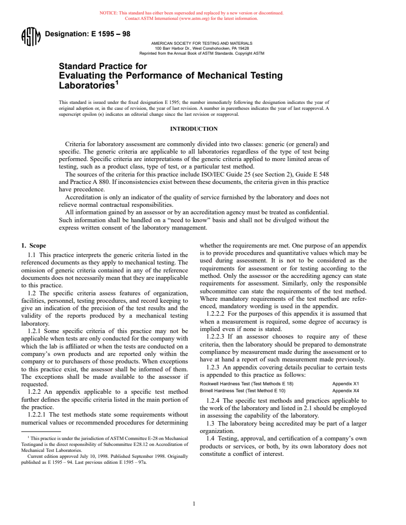 ASTM E1595-98 - Standard Practice for Evaluating the Performance of Mechanical Testing Laboratories (Withdrawn 2002)