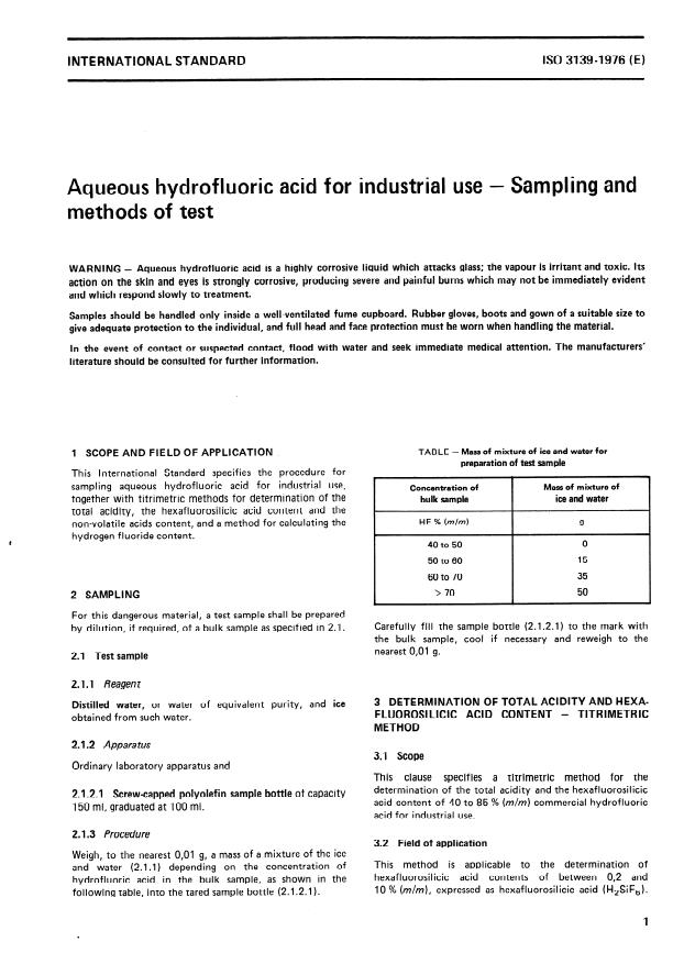 ISO 3139:1976 - Aqueous hydrofluoric acid for industrial use -- Sampling and methods of test