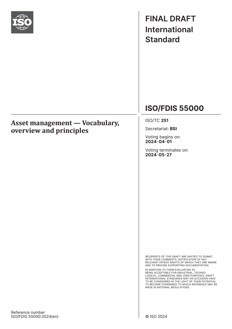 ISO/FDIS 55000 - Asset management — Vocabulary, overview and principles
Released:18. 03. 2024