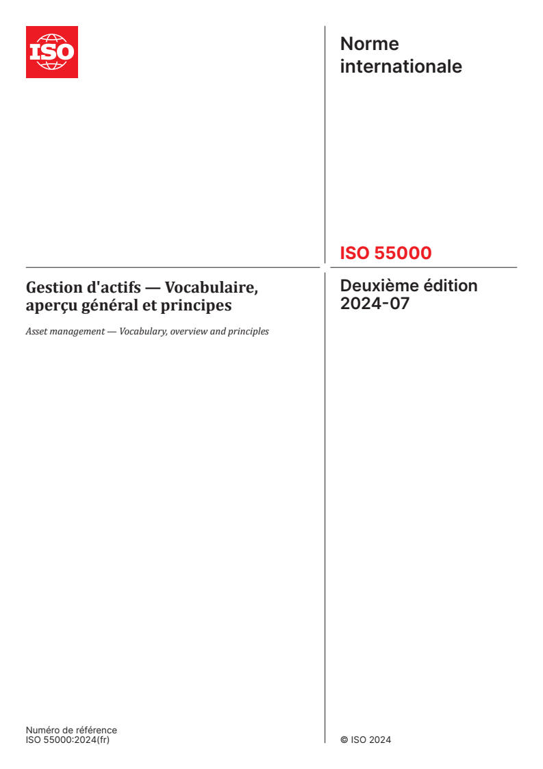 ISO 55000:2024 - Gestion d'actifs — Vocabulaire, aperçu général et principes
Released:3. 07. 2024