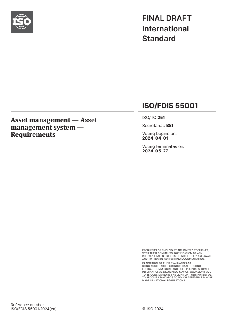 ISO/FDIS 55001 - Asset management — Asset management system — Requirements
Released:18. 03. 2024