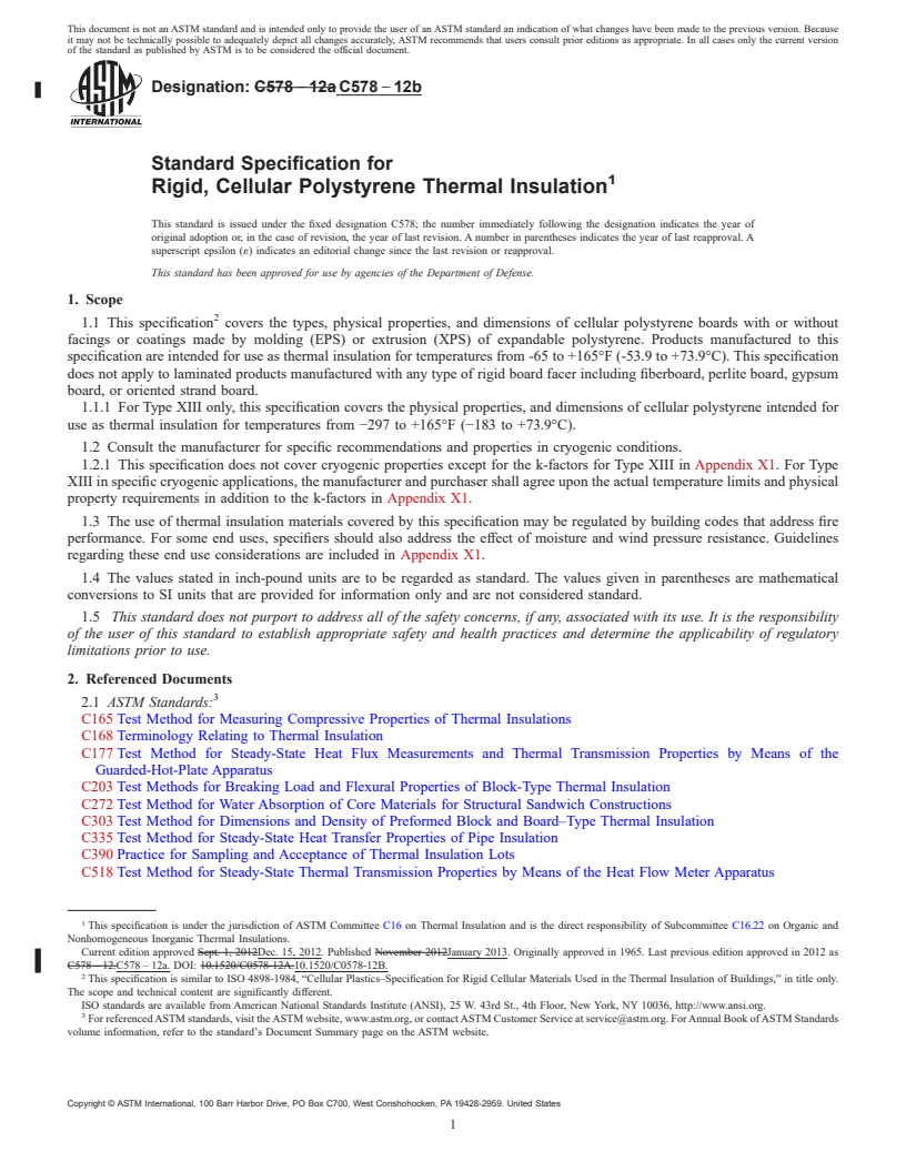 REDLINE ASTM C578-12b - Standard Specification for Rigid, Cellular Polystyrene Thermal Insulation