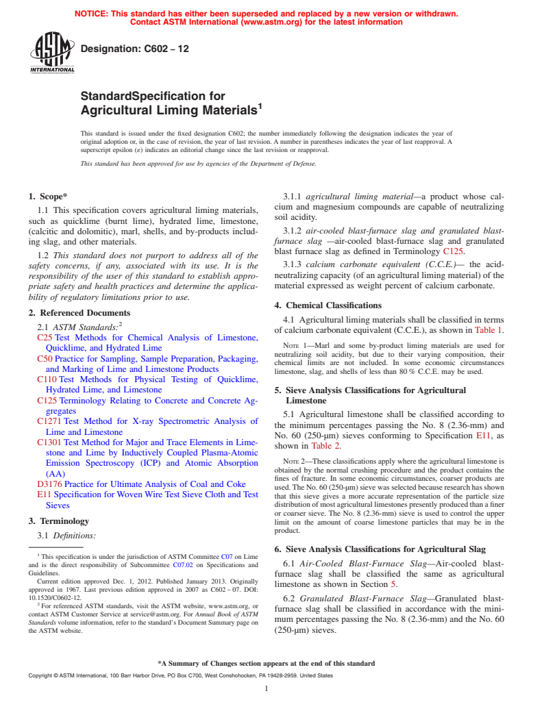 ASTM C602-12 - Standard Specification for  Agricultural Liming Materials
