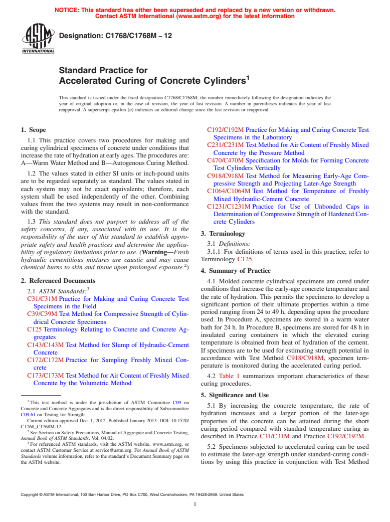 ASTM C1768/C1768M-12 - Standard Practice for Accelerated Curing of Concrete Cylinders