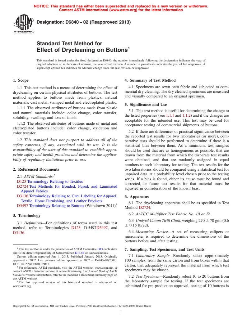 ASTM D6840-02(2013) - Standard Test Method for  Effect of Drycleaning on Buttons