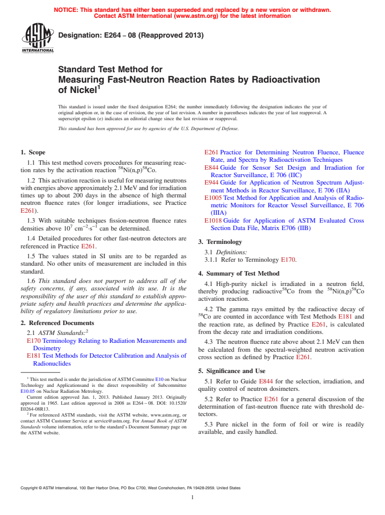 ASTM E264-08(2013) - Standard Test Method for Measuring Fast-Neutron Reaction Rates by Radioactivation of Nickel