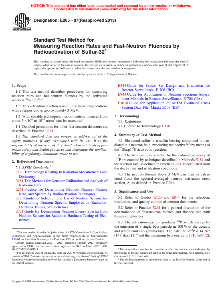 ASTM E265-07(2013) - Standard Test Method for Measuring Reaction Rates and Fast-Neutron Fluences by Radioactivation of Sulfur-32