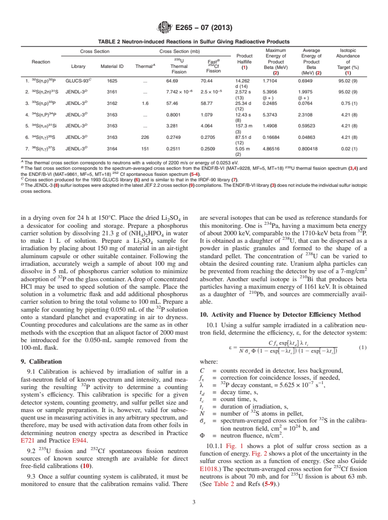 ASTM E265-07(2013) - Standard Test Method for Measuring Reaction Rates and Fast-Neutron Fluences by Radioactivation of Sulfur-32