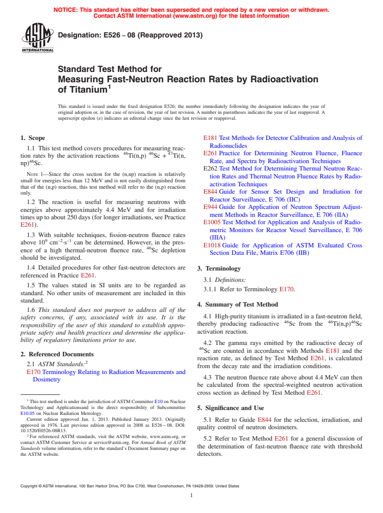 ASTM E526-08(2013) - Standard Test Method for Measuring Fast-Neutron Reaction Rates by Radioactivation of Titanium