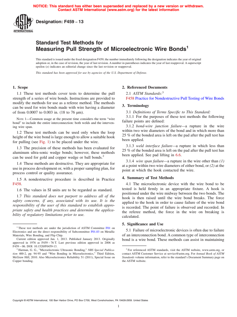 ASTM F459-13 - Standard Test Methods for Measuring Pull Strength of Microelectronic Wire Bonds