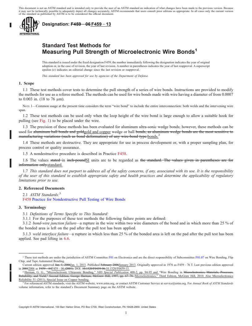 REDLINE ASTM F459-13 - Standard Test Methods for Measuring Pull Strength of Microelectronic Wire Bonds