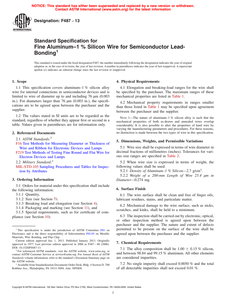 ASTM F487-13 - Standard Specification for Fine Aluminum&#x2013;1&#x2009;% Silicon Wire for Semiconductor Lead-Bonding