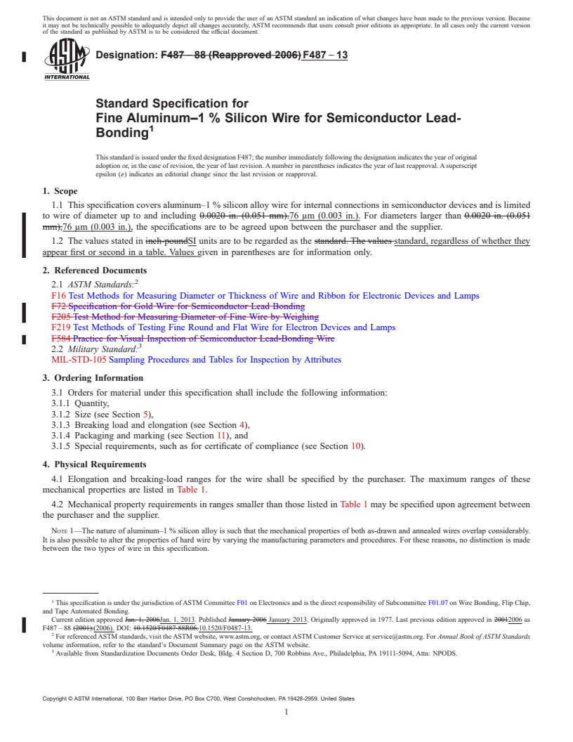 REDLINE ASTM F487-13 - Standard Specification for Fine Aluminum&#x2013;1&#x2009;% Silicon Wire for Semiconductor Lead-Bonding