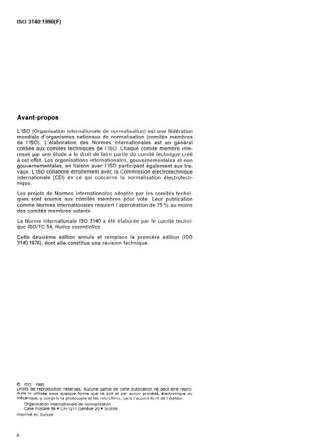 ISO 3140:1990 ISO 3140:1990 - Huile essentielle d'orange douce (Citrus sinensis (Linnaeus) Obsbeck) obtenue par des procédés mécaniques - Page 2 preview