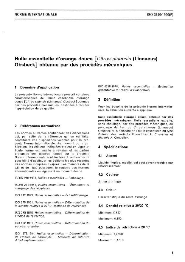ISO 3140:1990 - Huile essentielle d'orange douce (Citrus sinensis (Linnaeus) Obsbeck) obtenue par des procédés mécaniques