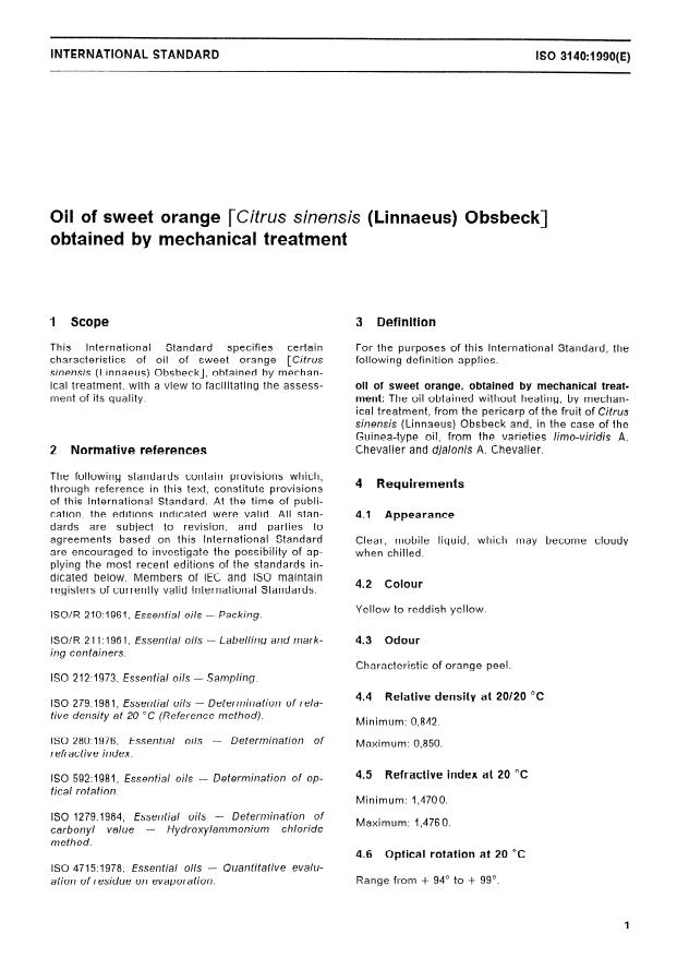 ISO 3140:1990 - Oil of sweet orange (Citrus sinensis (Linnaeus) Obsbeck), obtained by mechanical treatment