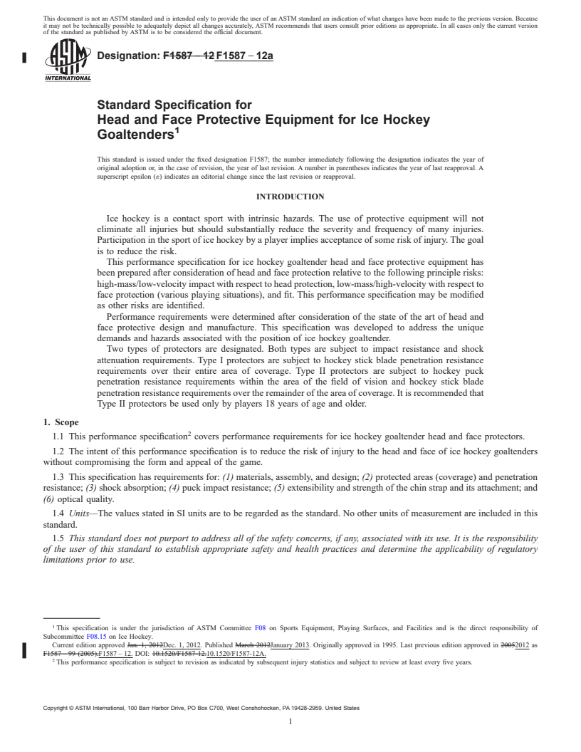 REDLINE ASTM F1587-12a - Standard Specification for Head and Face Protective Equipment for Ice Hockey Goaltenders