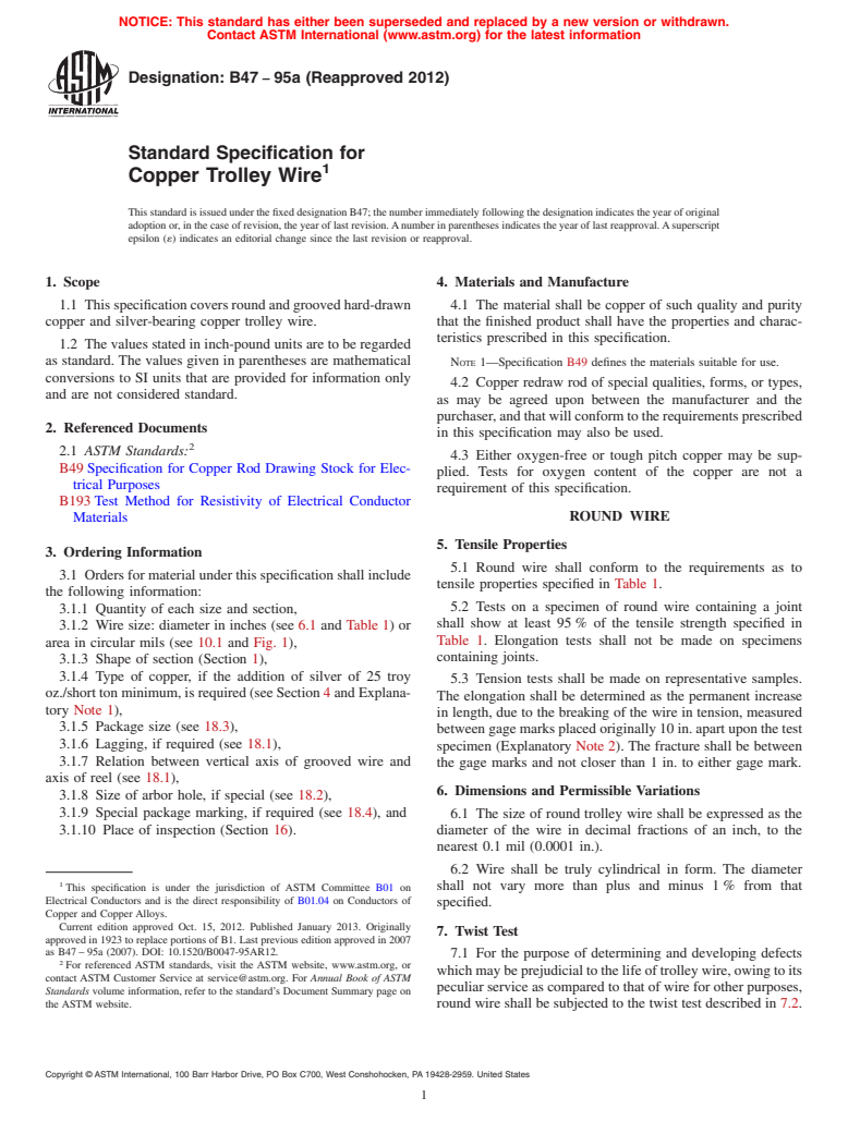 ASTM B47-95a(2012) - Standard Specification for  Copper Trolley Wire