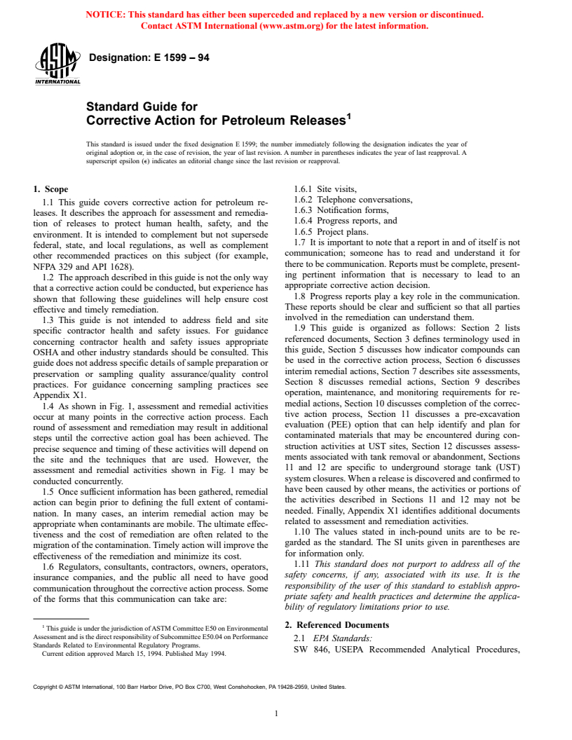 ASTM E1599-94 - Standard Guide for Corrective Action for Petroleum Releases (Withdrawn 2002)