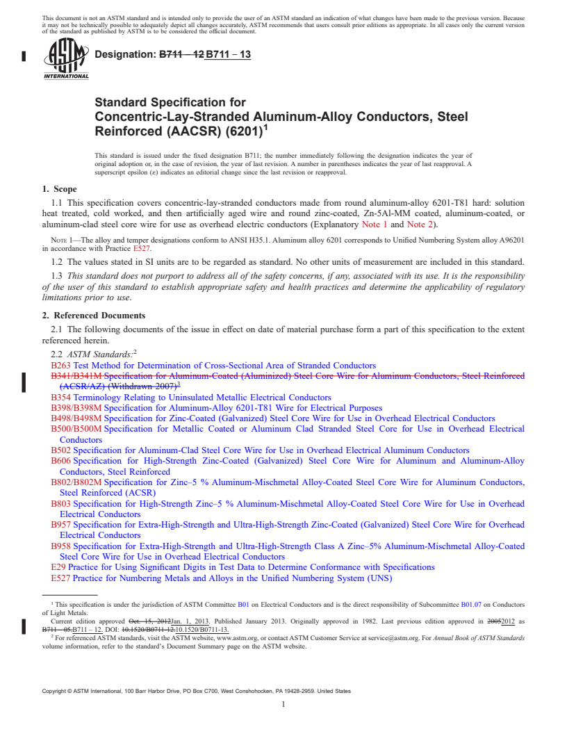 REDLINE ASTM B711-13 - Standard Specification for Concentric-Lay-Stranded Aluminum-Alloy Conductors, Steel Reinforced (AACSR) (6201)