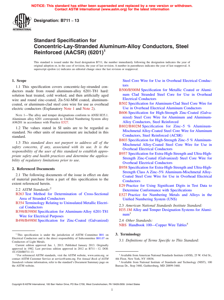 ASTM B711-13 - Standard Specification for Concentric-Lay-Stranded Aluminum-Alloy Conductors, Steel Reinforced (AACSR) (6201)