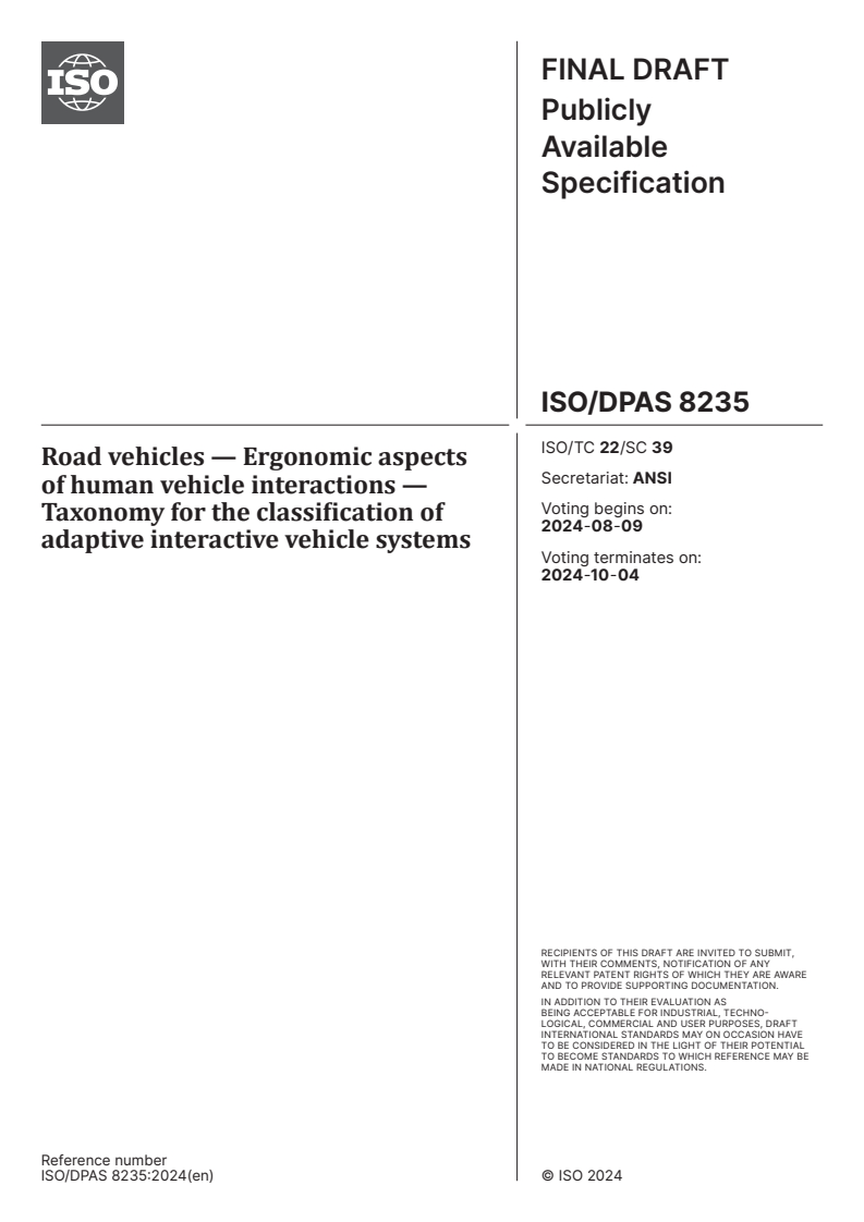 Dpas Classifications ISO/DPAS 8235 - Road vehicles — Ergonomic aspects of human vehicle ...