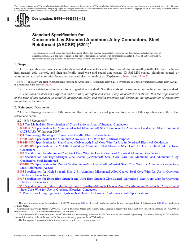 REDLINE ASTM B711-12 - Standard Specification for Concentric-Lay-Stranded Aluminum-Alloy Conductors, Steel Reinforced (AACSR) (6201)