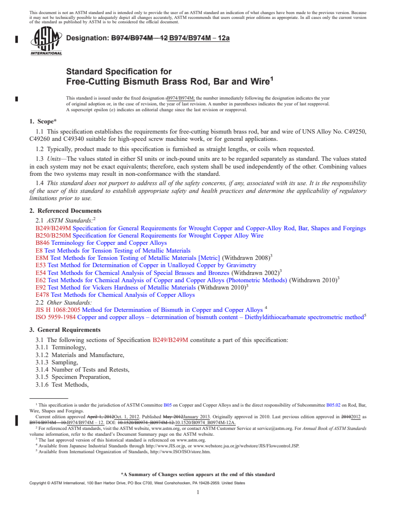 REDLINE ASTM B974/B974M-12a - Standard Specification for Free-Cutting Bismuth Brass Rod, Bar and Wire