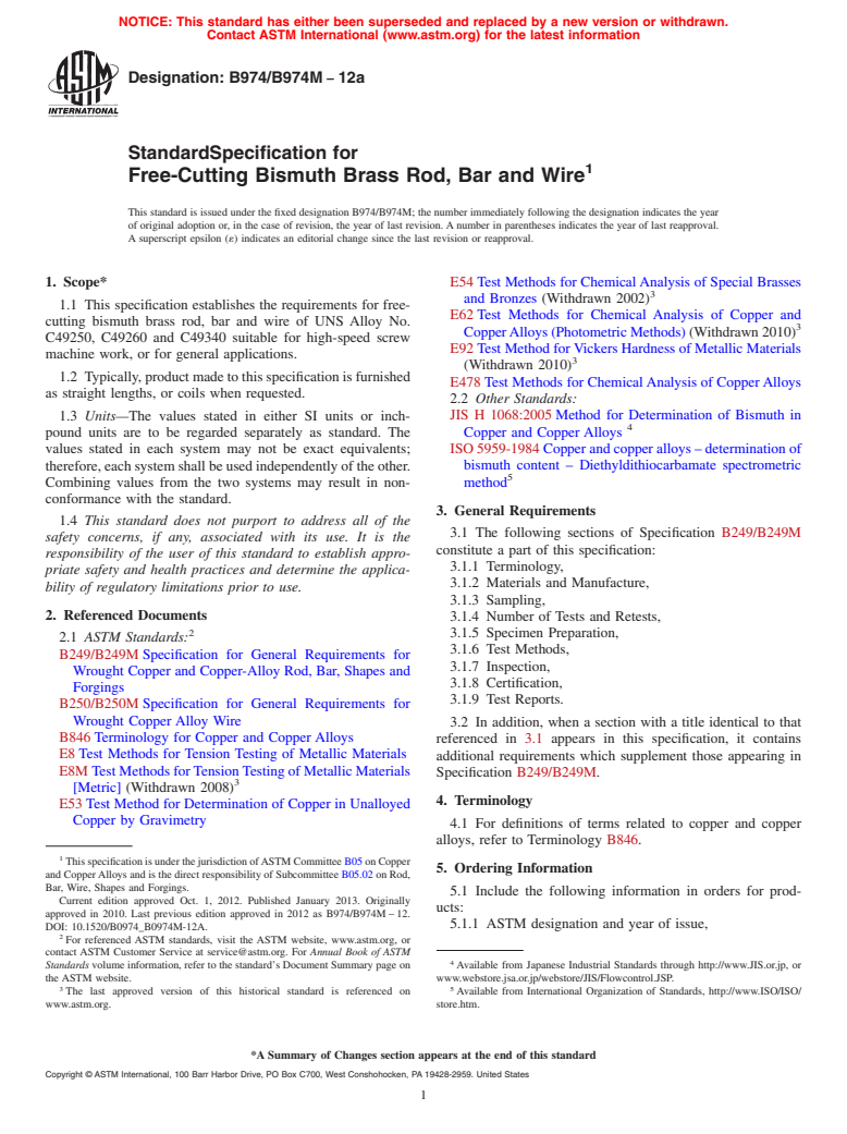 ASTM B974/B974M-12a - Standard Specification for Free-Cutting Bismuth Brass Rod, Bar and Wire