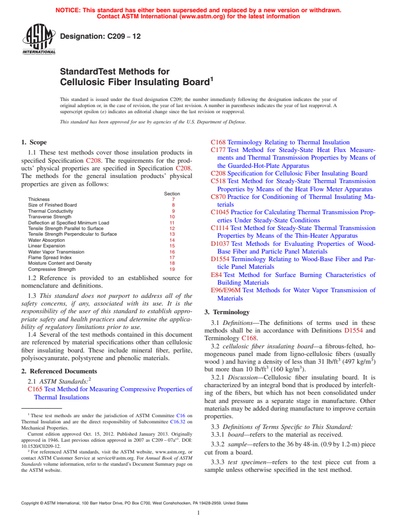 ASTM C209-12 - Standard Test Methods for Cellulosic Fiber Insulating Board