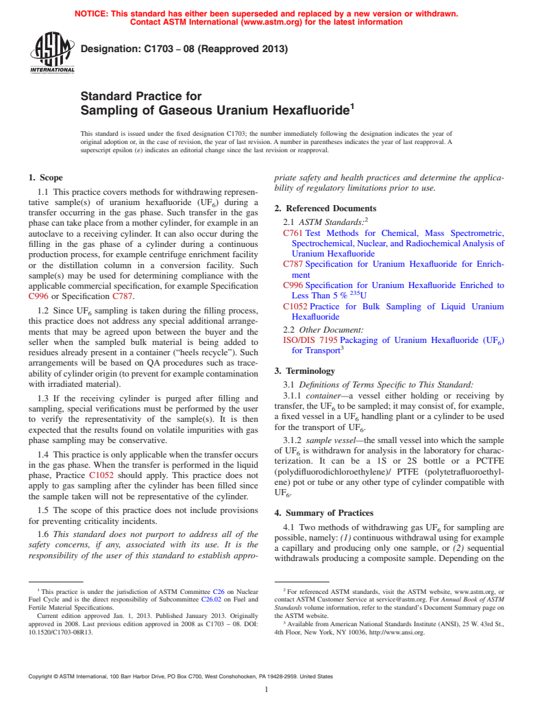 ASTM C1703-08(2013) - Standard Practice for Sampling of Gaseous Uranium Hexafluoride