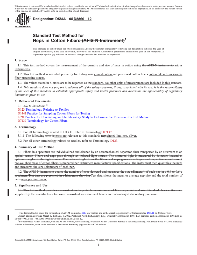 REDLINE ASTM D5866-12 - Standard Test Method for  Neps in Cotton Fibers