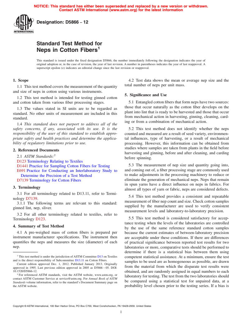 ASTM D5866-12 - Standard Test Method for  Neps in Cotton Fibers